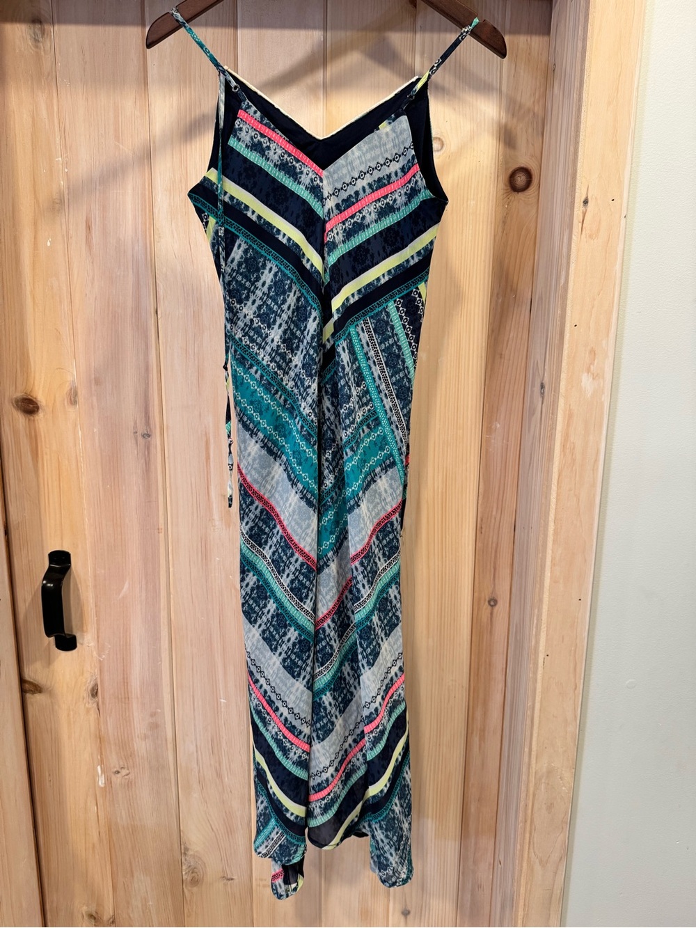 Maurices Teal, Black and Coral Striped Spaghetti-Strap Maxi Dress - S
